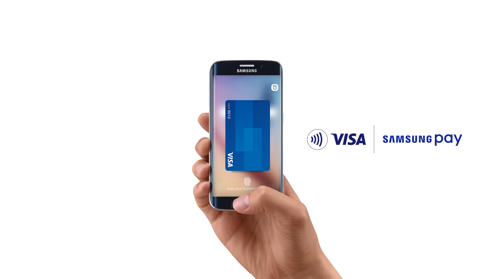 Contactless symbol, Visa Samsung Pay logo, hand holding Samsung smart phone with an image of a Visa card on the display.