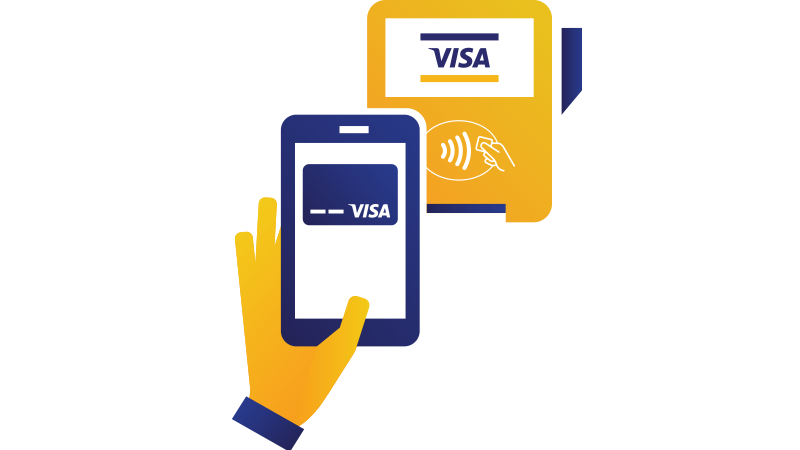 Illustration of a hand holding a mobile phone being held over a checkout terminal displaying the Contactless Symbol.