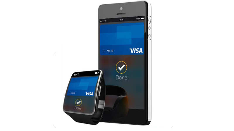 A smart phone and smart watch showing a successful contactless transaction with Visa