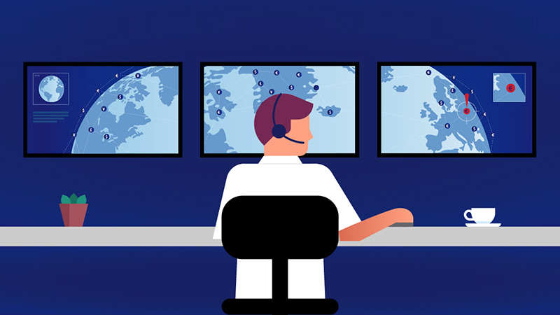 Illustration of person at a computer control center.
